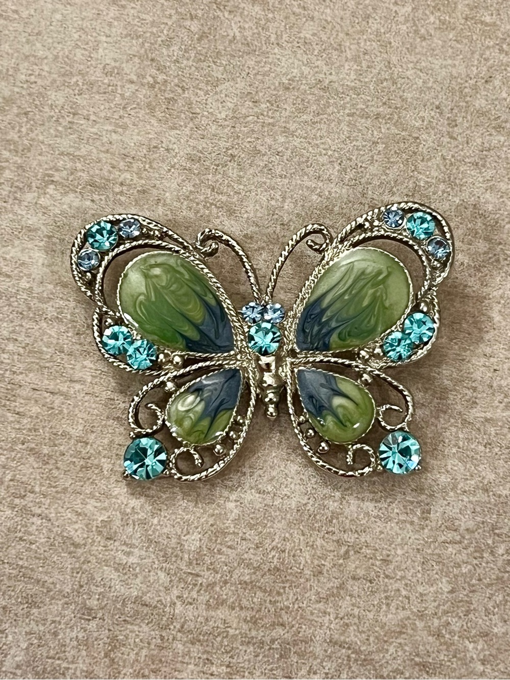 Vintage Silver Butterfly Brooch Green Blue Swirl Enamel Rhinestone